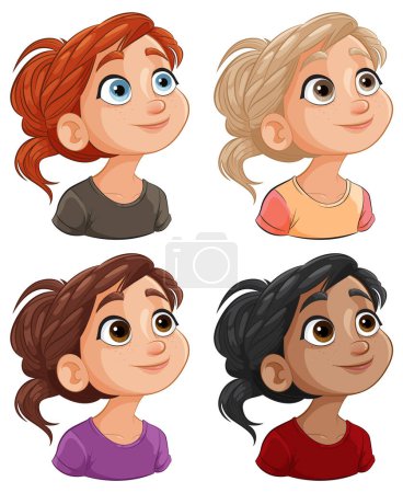 Téléchargez les illustrations : Quatre visages de fille de dessin animé montrant la diversité et la personnalité. - en licence libre de droit