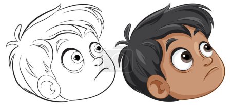 Téléchargez les illustrations : Deux garçons de dessin animé levant les yeux avec curiosité. - en licence libre de droit