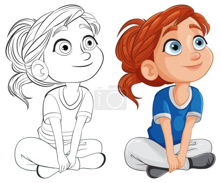 Ilustración de Dos chicas animadas felices sentadas y sonrientes. - Imagen libre de derechos