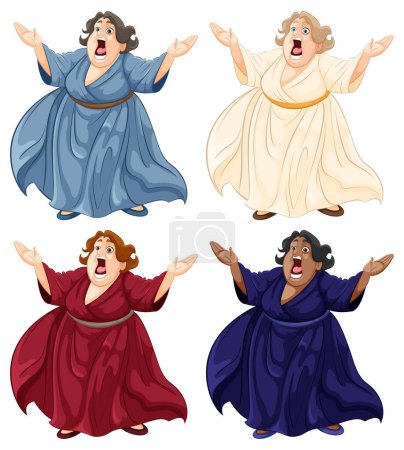 Four animated opera singers in vibrant dresses