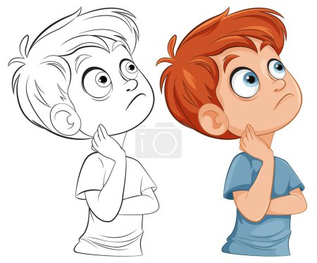 Two cartoon boys pondering with curious expressions.