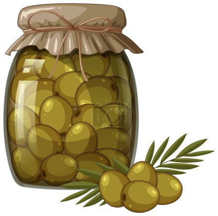 Téléchargez les illustrations : Illustration vectorielle d'un pot rempli d'olives vertes - en licence libre de droit