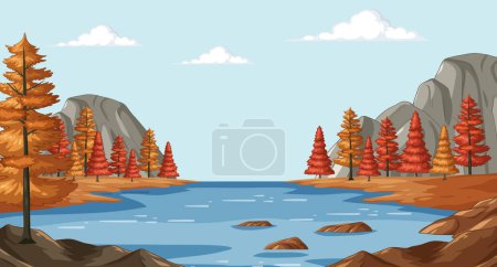 Ilustración de Paisaje sereno con árboles, lago y cielo despejado - Imagen libre de derechos