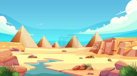 Téléchargez les illustrations : Illustration de dessins animés de pyramides dans une scène désertique. - en licence libre de droit