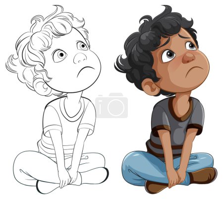 Téléchargez les illustrations : Deux enfants de dessin animé assis, regardant réfléchi et inquiet. - en licence libre de droit