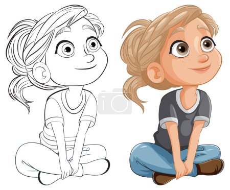 Téléchargez les illustrations : Illustration vectorielle d'une fille en deux positions assises. - en licence libre de droit