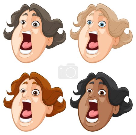 Illustration for Four cartoon faces showing exaggerated surprise - Royalty Free Image
