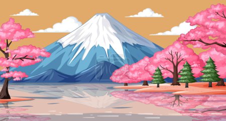 Téléchargez les illustrations : Illustration vectorielle d'une montagne aux fleurs de cerisier - en licence libre de droit