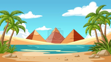 Palm trees and pyramids beside a serene oasis.