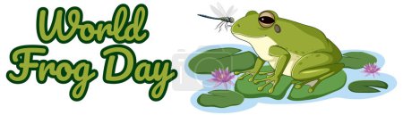 Frog on lily pads with dragonfly and flowers