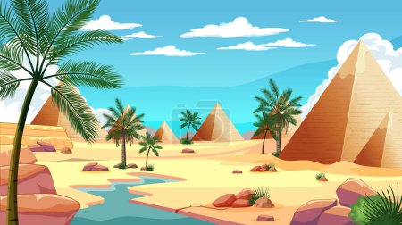 Vector illustration of pyramids beside a lush oasis.