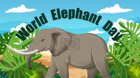 Ilustración de Gráfico vectorial de un elefante en una exuberante selva - Imagen libre de derechos