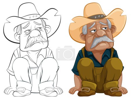 Téléchargez les illustrations : Cartoon cow-boy assis avec une expression réfléchie. - en licence libre de droit