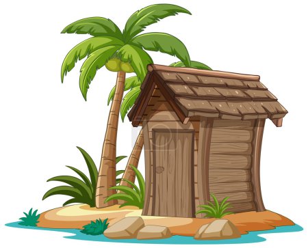 Téléchargez les illustrations : Illustration vectorielle d'une petite cabane en bois sur une île - en licence libre de droit