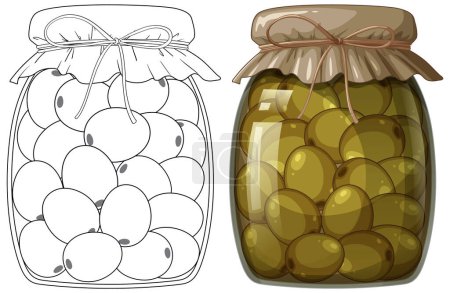 Téléchargez les illustrations : Illustration d'olives en pots, une esquissée, une colorée - en licence libre de droit