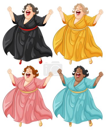 Téléchargez les photos : Quatre femmes heureuses dansant en robes colorées. - en image libre de droit