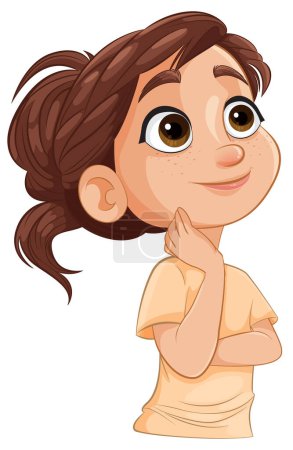 Ilustración de Chica de dibujos animados pensando con una mano en la barbilla - Imagen libre de derechos