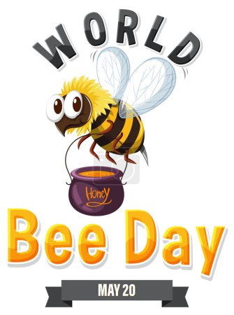 Illustration for Cartoon bee with honey pot celebrating World Bee Day - Royalty Free Image