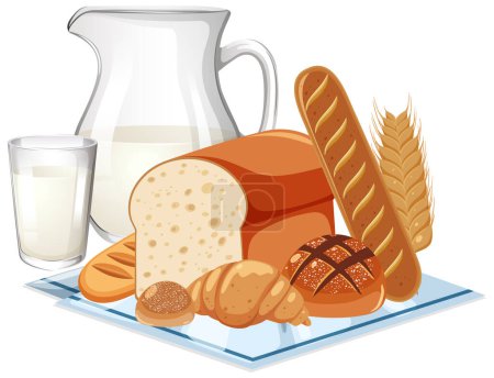 Assorted breads and milk on a blue napkin.