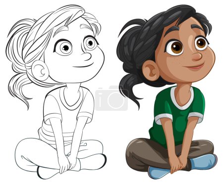 Two cartoon kids sitting and smiling together.