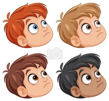 Téléchargez les illustrations : Quatre garçons illustrés montrant différentes expressions faciales - en licence libre de droit