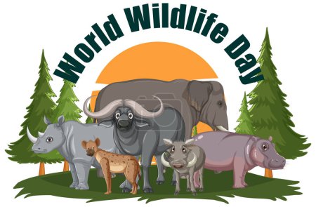 Ilustración de Ilustración de varios animales celebrando el Día Mundial de la Vida Silvestre - Imagen libre de derechos