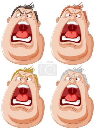 Téléchargez les illustrations : Quatre visages de bande dessinée montrant des expressions de cris intenses. - en licence libre de droit