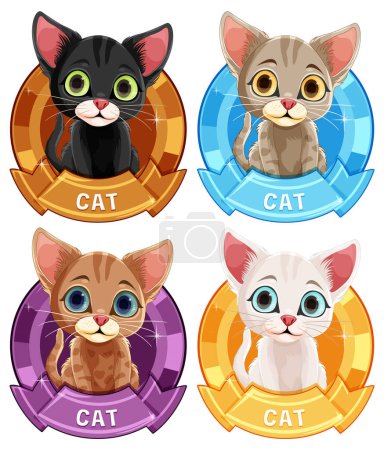Téléchargez les illustrations : Quatre chatons illustrés mignons avec des badges colorés - en licence libre de droit