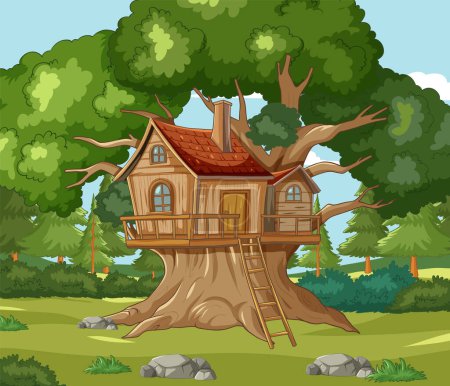 Quaint wooden treehouse nestled among vibrant greenery