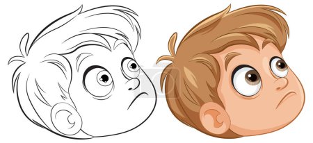 Téléchargez les illustrations : Deux expressions d'un garçon de dessin animé, coloré et esquissé - en licence libre de droit