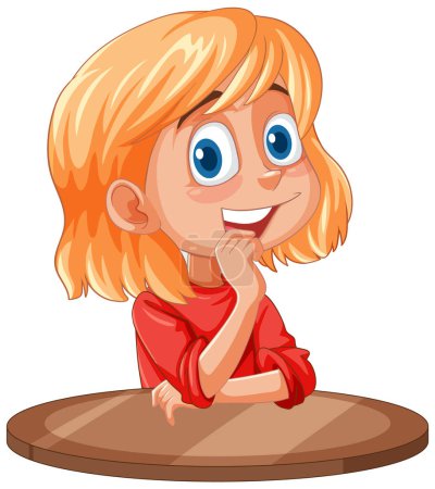 Téléchargez les illustrations : Caricature d'une fille réfléchie avec une expression joyeuse - en licence libre de droit