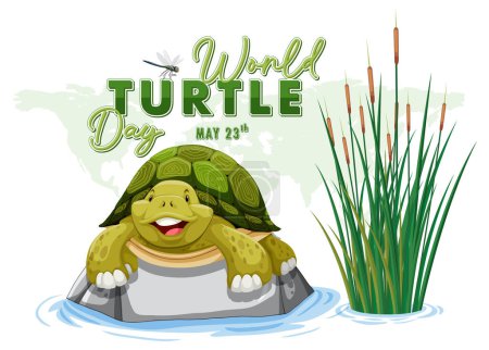 Ilustración de Tortuga feliz en el agua con texto del Día Mundial de la Tortuga - Imagen libre de derechos