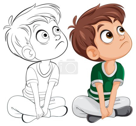 Téléchargez les illustrations : Deux garçons de dessin animé assis, regardant vers le haut avec curiosité. - en licence libre de droit