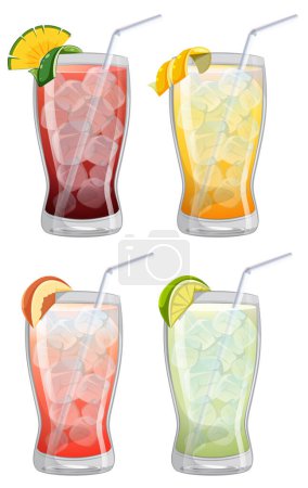 Four vector glasses of assorted fruit drinks