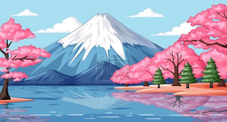 Illustration for Vector illustration of a tranquil mountain landscape with cherry blossoms. - Royalty Free Image