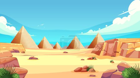 Cartoon illustration of desert with ancient pyramids.