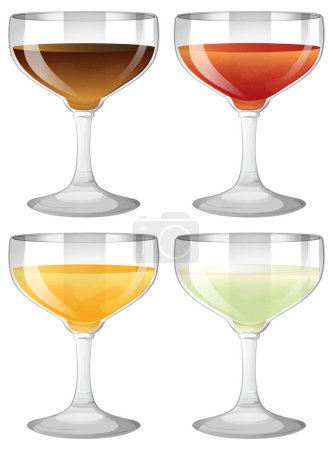 Téléchargez les illustrations : Quatre verres vectoriels remplis de liquides colorés - en licence libre de droit