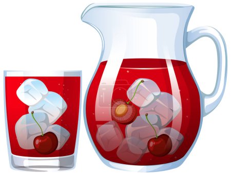 Vector illustration of cherry juice with ice cubes