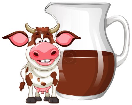 Téléchargez les illustrations : Bonne vache debout à côté d'un pichet plein de chocolat au lait. - en licence libre de droit