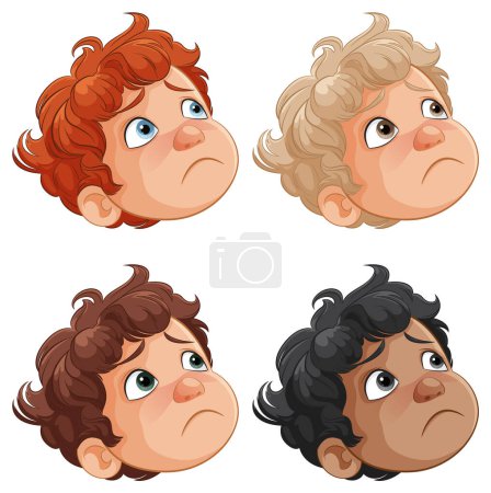 Téléchargez les illustrations : Quatre enfants illustrés montrant des expressions perplexes - en licence libre de droit