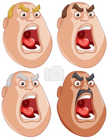 Téléchargez les illustrations : Quatre visages de bande dessinée avec diverses expressions de colère. - en licence libre de droit