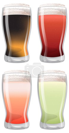 Téléchargez les illustrations : Quatre verres de bière avec différentes couleurs et mousse - en licence libre de droit
