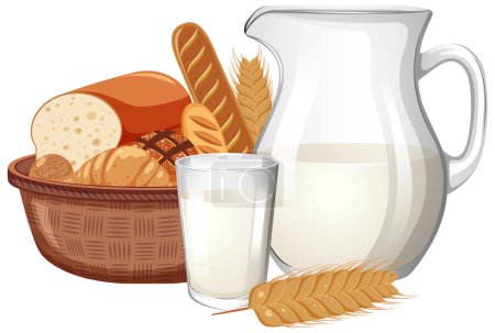 Illustration for Vector illustration of fresh bread and oat milk. - Royalty Free Image