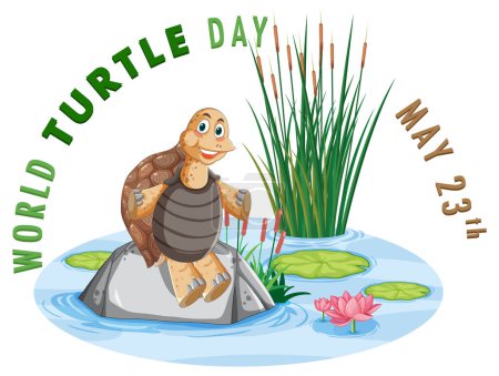 Ilustración de Tortuga alegre en una roca celebrando el Día Mundial de la Tortuga - Imagen libre de derechos