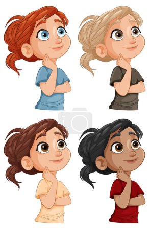 Quatre filles de dessin animé réfléchissant avec des expressions curieuses.