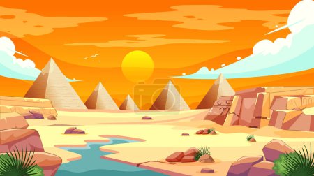Illustration for Colorful vector illustration of pyramids in Egypt at sunset - Royalty Free Image