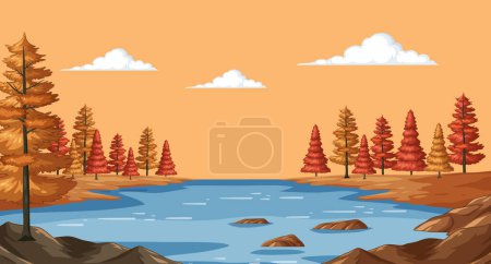 Ilustración de Lago sereno rodeado de coloridos árboles otoñales - Imagen libre de derechos