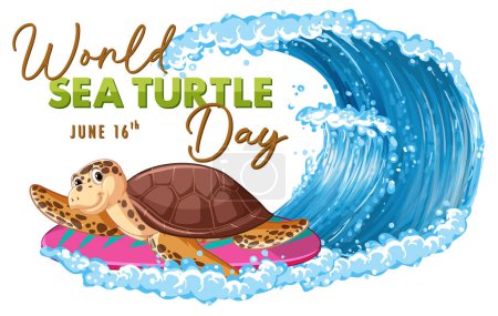 Téléchargez les illustrations : Vecteur coloré d'une tortue de mer chevauchant une vague - en licence libre de droit