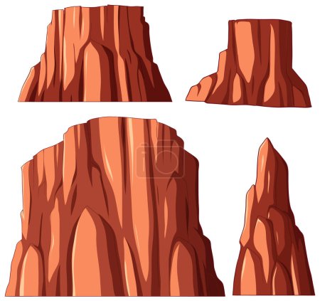 Tres ilustraciones vectoriales estilizadas de acantilados rocosos.