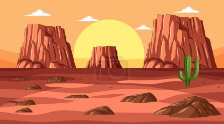 Téléchargez les illustrations : Illustration vectorielle d'un paysage désertique au coucher du soleil - en licence libre de droit